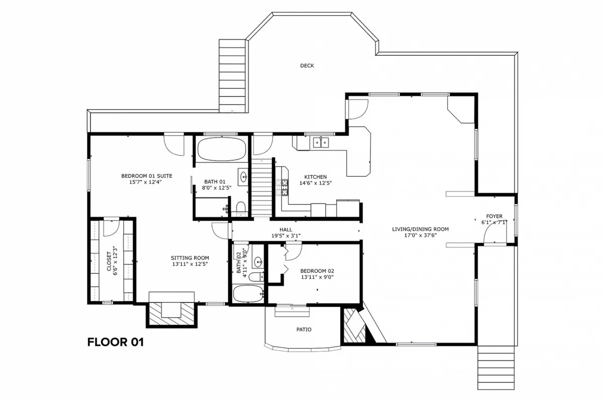This wide-angle interior image showcases an open kitchen, living, and dining area seamlessly connected to the deck and patio. The space is inviting and adaptable, with ample room for group gatherings, shared meals, and socializing. The large windows and easy deck access hint at the indoor-outdoor flow, and the setup is ideal for family reunions, group entertaining, and enjoying meals with vineyard views.