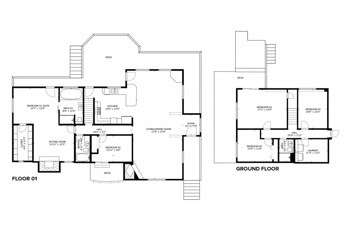 A wide view of the open-plan kitchen, living, and bedroom spaces, all designed for comfort and group gatherings. The kitchen is well-appointed for home cooking or chef-prepared meals, while the combined living areas invite relaxation and socializing.